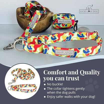 Lucky Love Dog Martingale Dog Collar & Leash - Adjustable, No-Slip, Durable, Comfortable, Soft Webbing, & Stylish Patterned Collar & Leash Set for Male and Female Dogs - Oscar Combo, Medium