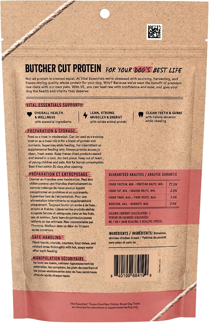 Vital Essentials Freeze Dried Dog Treats | Chicken Breast, Single Ingredient | Premium Quality | Grain Free Training Treats for Dogs, 3.75 oz Bag