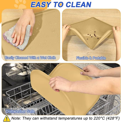 SMILOOL Silicone Pet Feeding Mat with Raised Edge for Food and Water, Dog Bowl Mats, Cat Bowls Placemat with High Lip for Floor Waterproof, Rubber Tray for Cats and Dogs 22 x 14 x0.8 Dark Beige