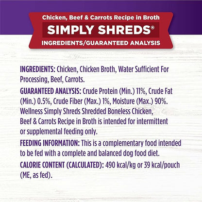 Wellness Bowl Boosters Simply Shreds Variety Pack Wet Dog Food Topper for Small, Medium, and Large Breeds, Grain Free, Natural, Chicken Recipes, 2.8 oz, Pack of 12 Pouches