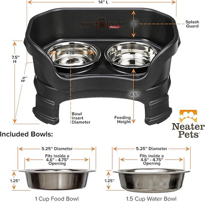 Neater Feeder Deluxe Mess-Proof Elevated Cat Bowls, 2 Height Adjustable (6” & 7.5”) No-Spill Raised Cat Bowl Stand, Whisker Friendly Stainless Steel Dishes for Indoor Cats, Made in USA, Black