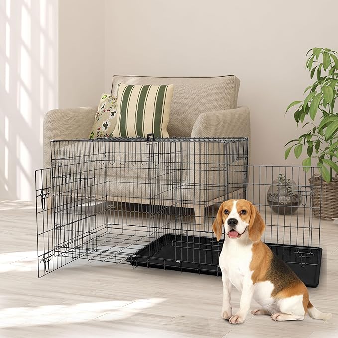 Dog Crate, 24/30/36/42/48 Inch Dog Crates for Small Medium Large Dogs Indoor, Folding Metal Dog Kennel Dog Cage with Double-Door, Divider Panel, Removable Tray, Locks and Handle, (36 Inch, Black)