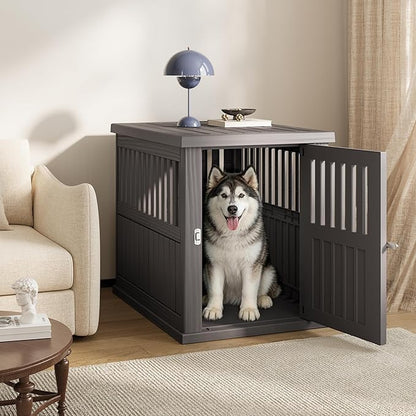 Bifanuo 40-Inch Dog Crate Furniture, Heavy Duty Dog Crate for Large and Medium Dog, Lockable Indoor Outdoor Dog Kennel & End Table, Decorative Plastic Pet Cage(Grey)
