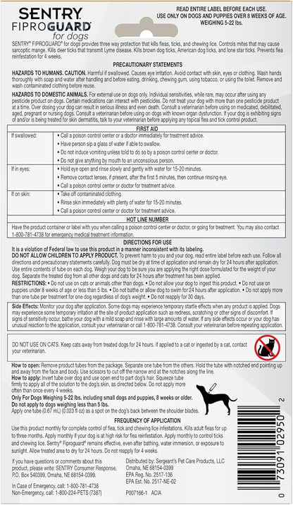 Sentry Fiproguard for Dogs, Flea and Tick Prevention for Dogs (5-22 Pounds), Includes 3 Month Supply of Topical Flea Treatments
