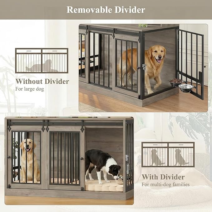 HOSTACK 71" Tall Dog Crate Furniture, 55" W Dog Kennel with Storage Hutch, XL Dog Crate for Dogs with Feeding Bowls, Indoor Heavy Duty Dog Cage with Removable Room Divider, Wooden Pet House, Ash Grey