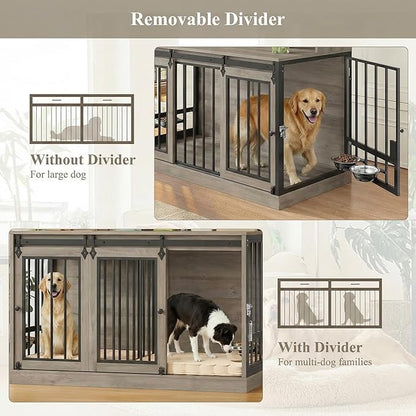 HOSTACK 71" Tall Dog Crate Furniture, 55" W Dog Kennel with Storage Hutch, XL Dog Crate for Dogs with Feeding Bowls, Indoor Heavy Duty Dog Cage with Removable Room Divider, Wooden Pet House, Ash Grey