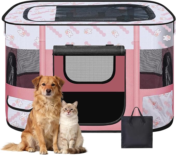 Foldable Dog Playpen Indoor,Expandable Puppy Playpen,Portable Pet Playpen for Small Animals,Waterproof Exercise Kennel Tent Crate for Travel,Camping, Home & Outdoor Use (M 31"L x 22"W x 21"H, Pink)