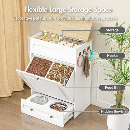 Elevated Dog Feeding Station with Storage Cabinet, 5.3" Pull-Out Hidden Bowls, Dog Food Organizer for Medium Large Dogs with Slow Feeder, Stainless Steel Bowls & Side Hooks (White)