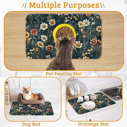 Dog Bowl Mat,Brown Flowers Pet Feeding Mat for Floors Waterproof,White Absorbent Dogs Placemat for Food and Water Quick Dry Pet Cat Feeding Mats with Non Slip Bottom 16" x 24"