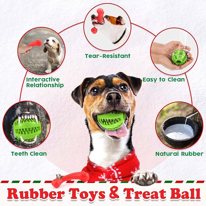 LOYEE Christmas Dog Toys 8 Pack - Santa Squeaky Plush Chew for Puppy, Durable Interactive Rope for Teething, Treating Ball and Bone Rubber for Small Dogs