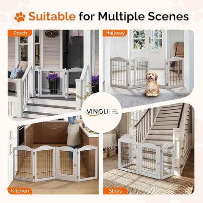 Bonnlo Freestanding Dog Gate, 24" H Pet Gate with 4 Panel Walk Through Door, Foldable Dog Safety Fence for Stairs Doorways Fireplace Up to 146'' Wide (White, 24" H-4 Panels with Door)