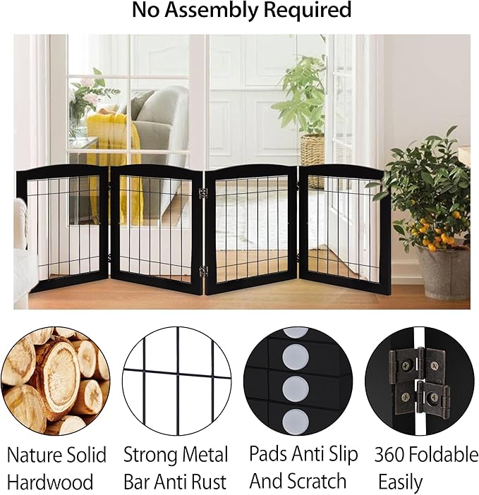 LZRS 4-Panel Extra-Wide Wooden Freestanding Dog Gate: Foldable Solid Wood and Steel Wire Chew Resistant Safety Barrier for Doorways, Stairs, and Large Open Spaces Indoor Use, Black
