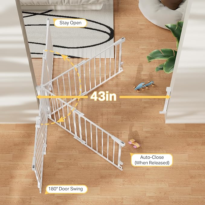 Cumbor 34" Extra Tall No Bottom Bar Baby Gate for Stairs, Wall Mounted Dog Gate Indoor for Larger Pets, Expandable 29.2-43" Safety Gate for Doorways, Wide Walk Thru Door for Easy Access (White)