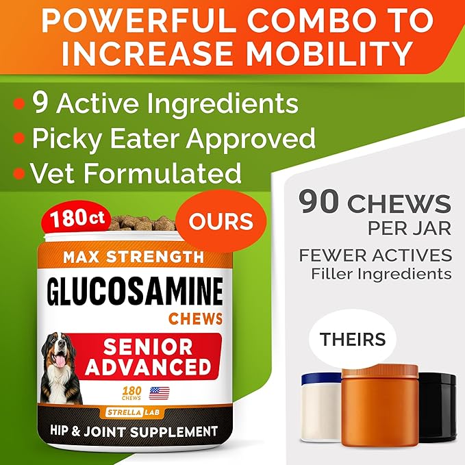 Senior Advanced Glucosamine Chondroitin Joint Supplement for Dogs - Hip & Joint Pain Relief Pills - Large & Small Breed - Hip Joint Chews Canine Joint Health - Chews Older Dogs - Bacon Flavor - 180Ct