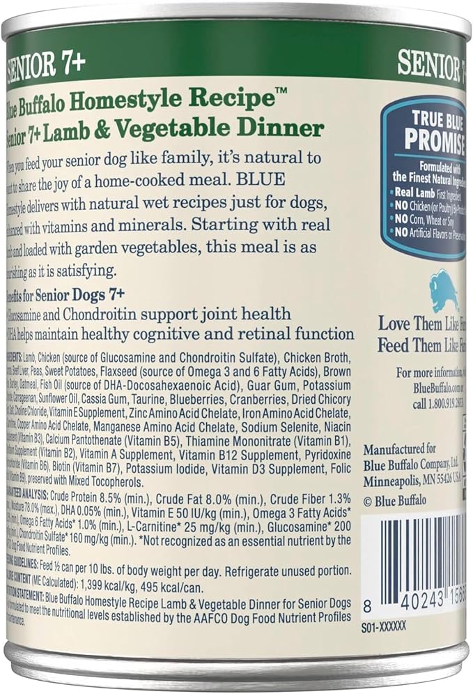 Blue Buffalo Homestyle Recipe Senior 7+ Lamb and Vegetable Dinner Wet Dog Food for Senior 7+ Dogs, Lamb Recipe, 12.5 oz. Can (Pack of 12)