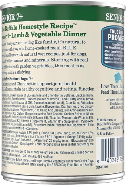 Blue Buffalo Homestyle Recipe Senior 7+ Lamb and Vegetable Dinner Wet Dog Food for Senior 7+ Dogs, Lamb Recipe, 12.5 oz. Can (Pack of 12)