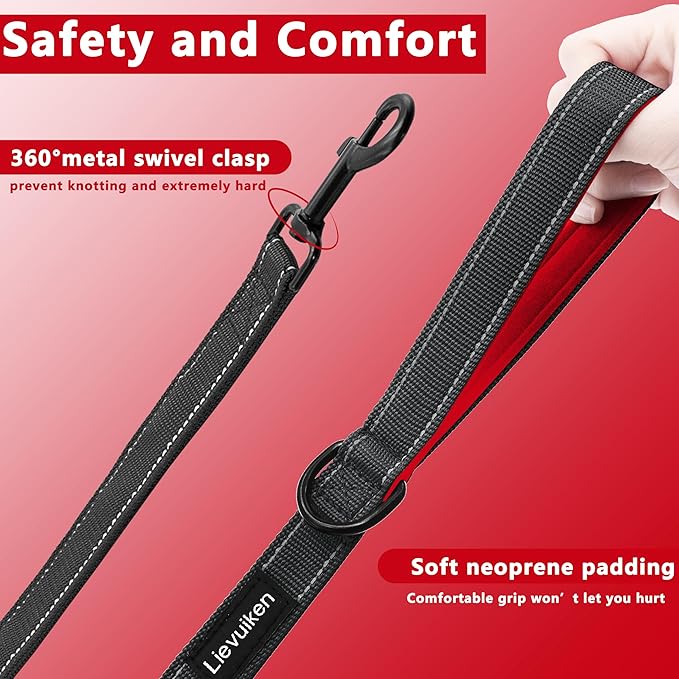 Dog Leash 5ft Long, Double Handle Dog Leash for Safety Control Training, Heavy Duty Dog Leads with Traffic Padded Handles, Reflective Leashes for Small Medium Large Dogs(5ft, Black Red)