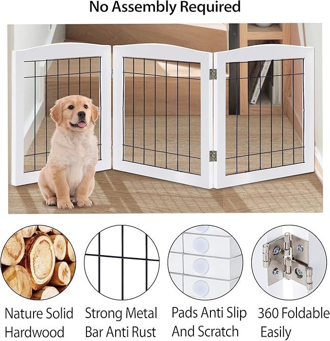 LZRS 3-Panel Freestanding Foldable Wooden Dog Gate –Solid Wood & Steel Wire Chew-Resistant Indoor Safety Pet Fence for Doorways & Stairs, Ideal for Small to Medium Dogs & Puppies, White