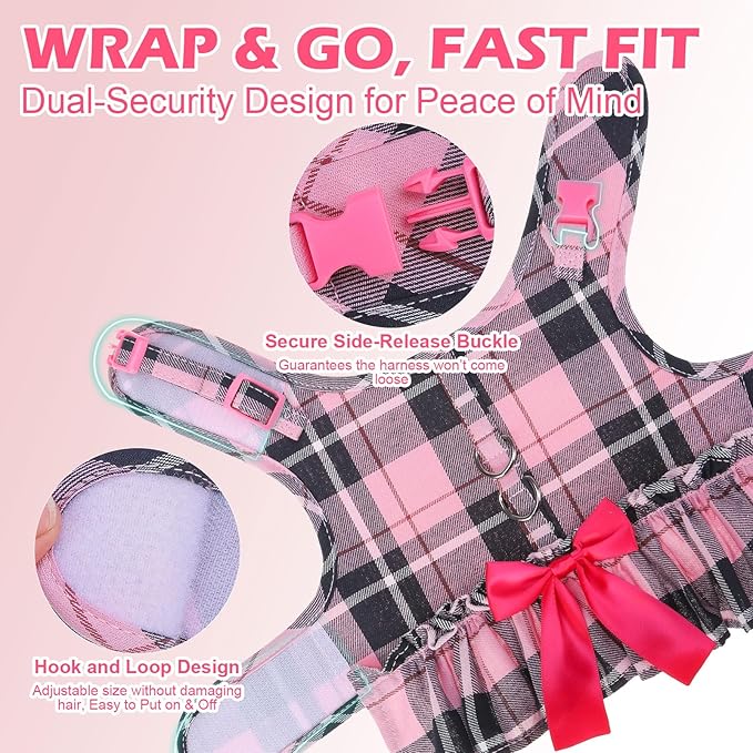 EXPAWLORER Dog Harness Small Medium Sized Dogs, Plaid Dog Dress Bowknot Harness and Leash Set, No Choke No Pull Soft Mesh Vest Cute Princess Puppy Outfits Clothes Costume for Girls Party Cats Pink S