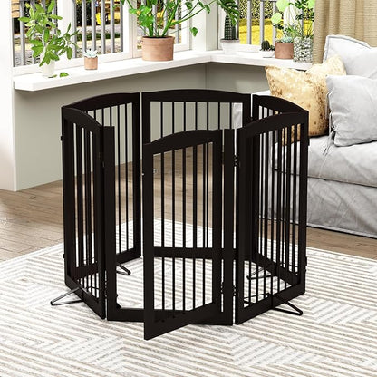 PUPETPO Freestanding Pet Gate with Door, Tall Dog Gate for House, Extra Wide, Pet Puppy Safety Fence, Support Feet Included, 120 Inch Wide, 6 Panels 32" Tall, Brown