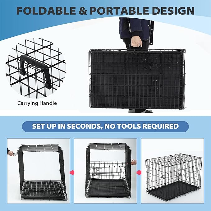 BestPet | 42" Dog Crate | Black | Foldable Metal Kennel with Double Doors, Secure Slide-Bolt Latches, Leakproof Tray | Portable Dog Cage for Large Breeds | for Travel, Indoor & Outdoor Use