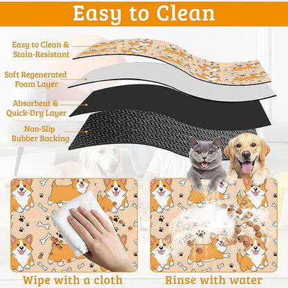 Corgi Feeding Mat,Cute Dogs Absorbent Quick-Dry Cat Dog Food and Water Bowl Mats,Non-Slip Rubber Backing Mat,Cat Dog Accessories Supplies 16" x 24"