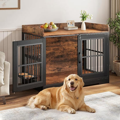 VOPEAK 46" Rustic Dog Crate Furniture, Heavy Duty Dog Cage for Medium Large Dogs, Dog Crate Dog Kennel Indoor with Removable Trays, Chew Resistant Crate for Bedroom Living Room, Rustic Brown