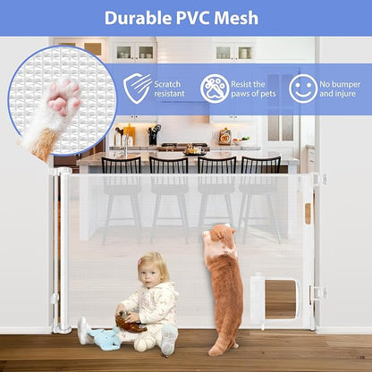 Retractable Baby Gate with Cat Door 55" Wide Retractable Baby Gate for Stairs Mesh Baby Gate with Pet Door Retractable Dog Gate for The House Retractable Pet Gate with Door Safety Gates for Toddlers