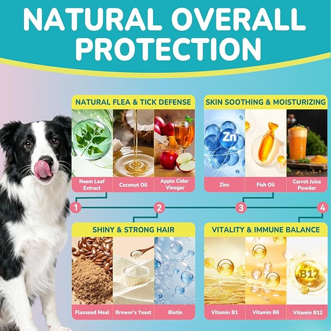 Woyamay Flea + Coat Glow Soft Chews, Natural Flea and Tick Prevention for Dogs, Dog Flea and Tick Treatment Chewable, Reduces Itch & Shedding with Fish Oil & Neem, Chicken Flavor