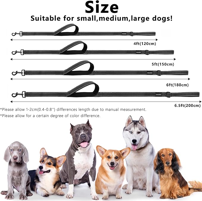 Dog Leash 6.5ft Long, Double Handle Dog Leash for Safety Control Training, Heavy Duty Dog Leads with Traffic Padded Handles, Reflective Leashes for Small Medium Large Dogs(6.5ft, Black)