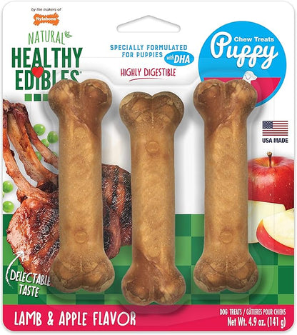 Nylabone Healthy Edibles Natural Puppy Chews Long Lasting Treats for Puppies, Lamb & Apple Flavor, Small/Regular (3 Count)