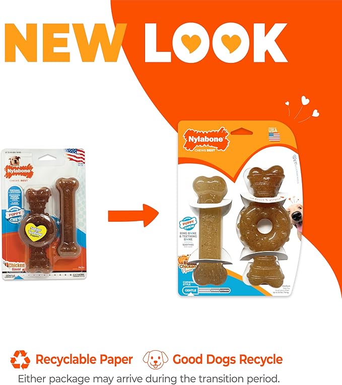 Nylabone Ring Bone & Teething Bone Puppy Chew Toy for Dogs, Soothing Puppy Teething Toys, Puppy Enrichment Toys, Long Lasting Chicken Flavor, Medium Dogs - Up to 35 lbs, 2 Pack