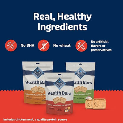 Blue Buffalo Health Bars Crunchy Dog Biscuits, Variety Pack, Bacon, Egg & Cheese, Apple & Yogurt, Pumpkin & Cinnamon, 16-oz Bags