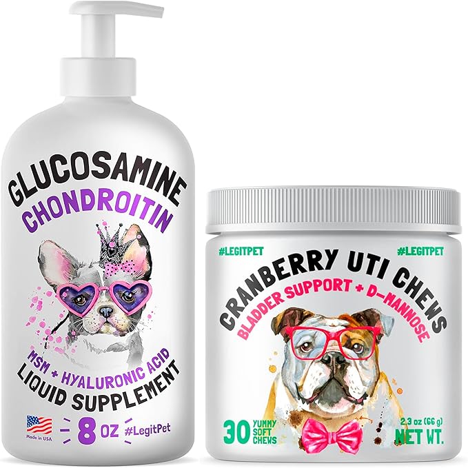 Cranberry UTI Chews for Dogs Bladder Support + D-Mannose Supports Kidney Urinary Tract 30 Chews and Liquid Glucosamine for Dogs Bacon Flavour with Chondroitin, MSM & Hyaluronic Acid 8 oz