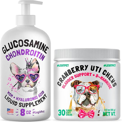 Cranberry UTI Chews for Dogs Bladder Support + D-Mannose Supports Kidney Urinary Tract 30 Chews and Liquid Glucosamine for Dogs Bacon Flavour with Chondroitin, MSM & Hyaluronic Acid 8 oz