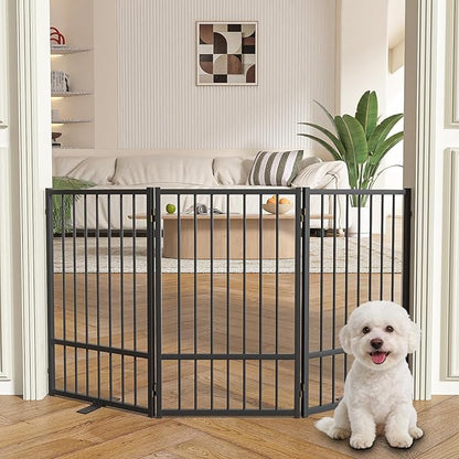 SNUOWU Full Metal Freestanding Dog Gate with Door, 32''Height Foldable Pet Dog Fence for Indoor & Outdoor, 3 Panels Extra Wide Free Standing TallDog Gates for Doorways,House,Stairs,Porch,Deck,Yard