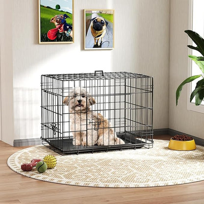 FDW Dog Crate 24-Inch Dog Cage Single Door Foldable Metal Kennel with Leakproof Tray Foldable Design Indoor Outdoor Use for Small Dogs,Dark Black