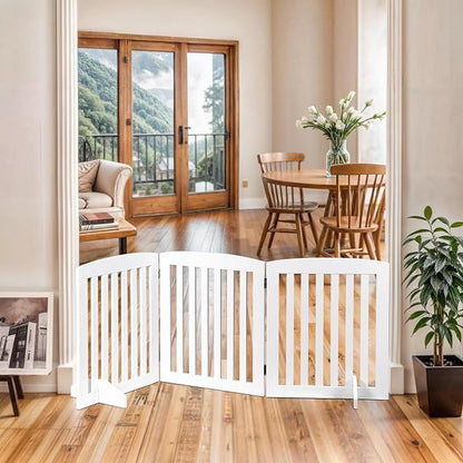 Dog Gate 61 x 24 Inch Freestanding Indoor Pet Door for House Doorways Stairs Halls, Foldable Wood Safety Fence 3 Panels, White