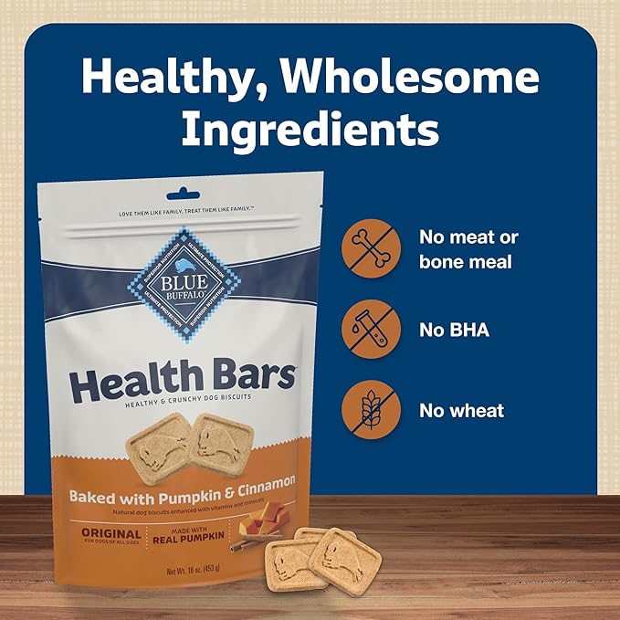 Blue Buffalo Health Bars Crunchy Dog Biscuits, Oven-Baked with Natural Ingredients, Pumpkin & Cinnamon, 16-oz Bag (Pack of 2)