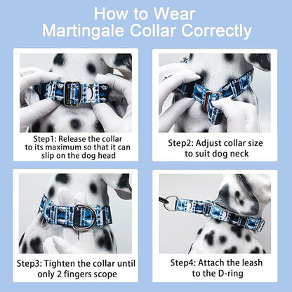 Reflective Martingale Collar for Dogs Nylon Training Collar with No Buckle, No Pull Escape Proof Dog Collar for Large Dogs（Blue Dinosaur，L）