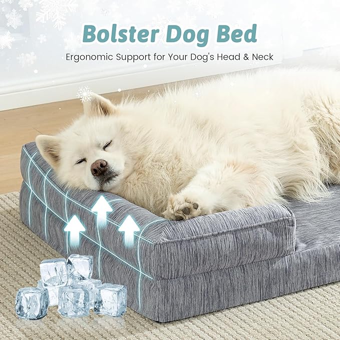Cooling Dog Bed for Extra Large Dogs, Q-Max >0.4 Summer Cool Orthopedic Foam Pet Sofa Bed with Sides, Bolster Anti-Slip Couch with Washable Removable Cover, XXL 48x35x7.5 inch, Dark Grey