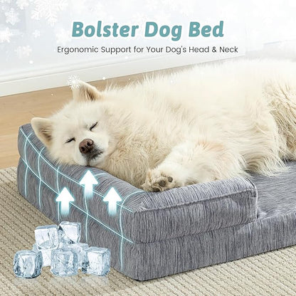 Cooling Dog Bed for Extra Large Dogs 44x32 inch, Q-Max >0.4 Summer Cool Orthopedic Foam Pet Sofa Bed with Sides, XL Size Bolster Anti-Slip Couch with Washable Removable Cover, Dark Grey