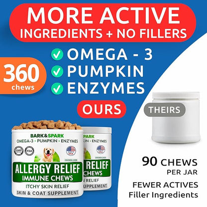 BARK&SPARK Dog Allergy Relief Soft Chews for Skin Health & Seasonal Allergies - Anti-Itch Supplement w/Omega-3, Quercetin & Bromelain Immune Treats for Dry Skin & Hot Spots - Chicken Liver - 360ct