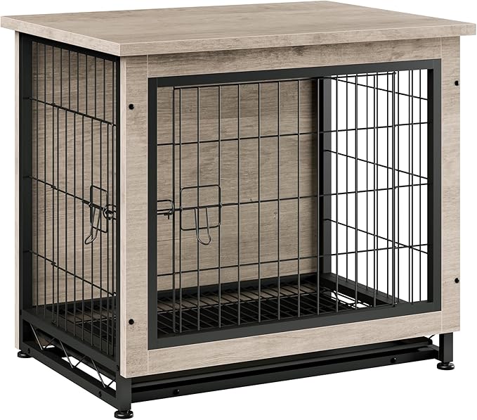 Vongrasig Dog Crate Furniture, Side End Table, Modern Wooden Kennel for Dogs Indoor, Heavy-Duty Dog Cage with Multi-Purpose Removable Tray, Double-Door Dog House, Grey