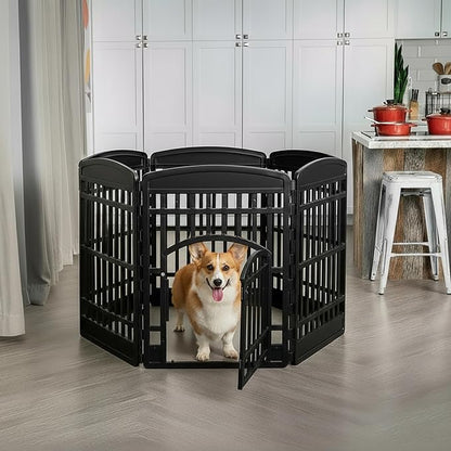 IRIS USA Dog Playpen with Door, 34” 6 Panel Pet Exercise Pen – Indoor Outdoor Puppy Play Pen, Portable Plastic Pet Fence for Small Medium Dogs, Foldable 44” x 63” x 34”, Black