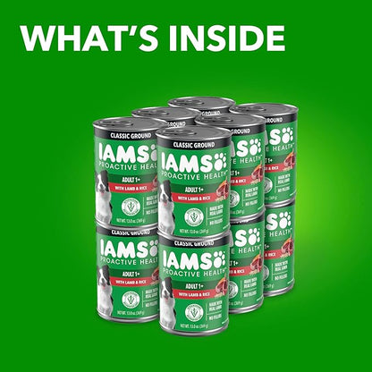 IAMS Proactive Health Wet Dog Food, Adult Wet Dog Food Multipack Ground Dinner, Lamb & Rice, 13 oz. Cans (Pack of 12)