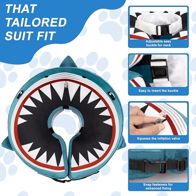 Dog Cone Inflatable Widen Dog Neck Donut Collar, Soft Cone Alternative After Surgery for Large Medium Small Dogs to Stop Licking (Blue Shark, X-Large)