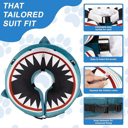 Dog Cone Inflatable Widen Dog Neck Donut Collar, Soft Cone Alternative After Surgery for Large Medium Small Dogs to Stop Licking (Blue Shark, X-Large)