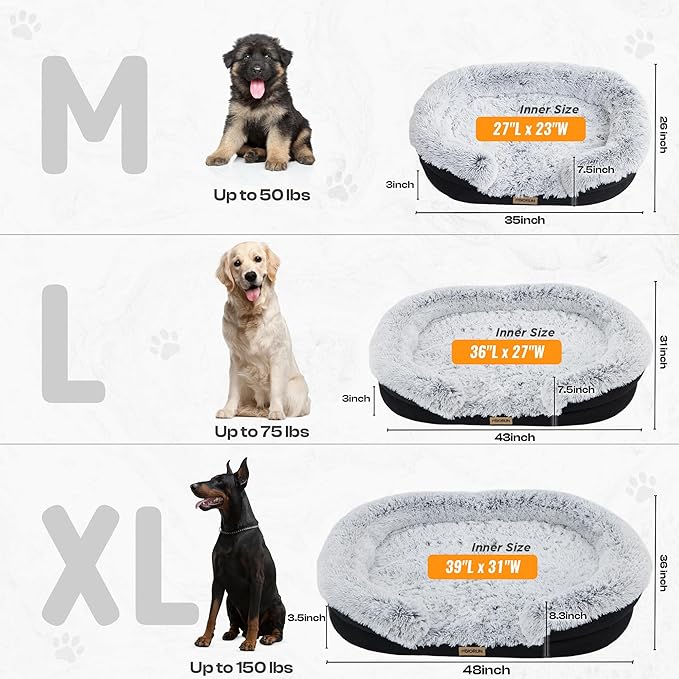 Fluffy Orthopedic Dog Bed for Small & Medium Dogs and Cats, Calming Plush Sofa Bed with Curved Bolster Support and Egg-Crate Foam Base, 35" Cozy Oval Pet Donut Bed with Washable Cover, Gray