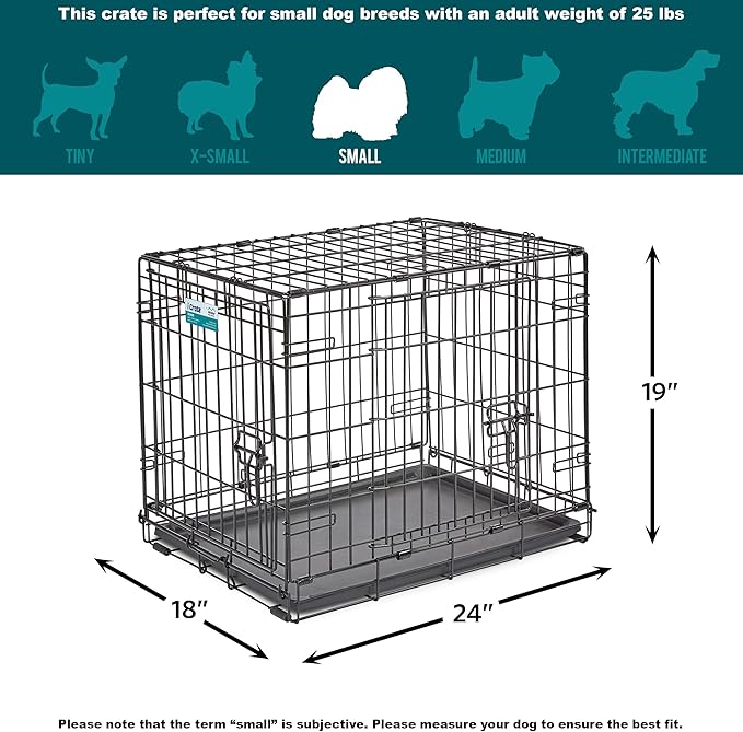 MidWest Homes for Pets 24-Inch iCrate for Small Breeds, 12-20 lbs, Double Door Folding Dog Crate with Divider Panel, Leak-Proof Tray & Secure Latches, Portable, Durable & Easy to Assemble